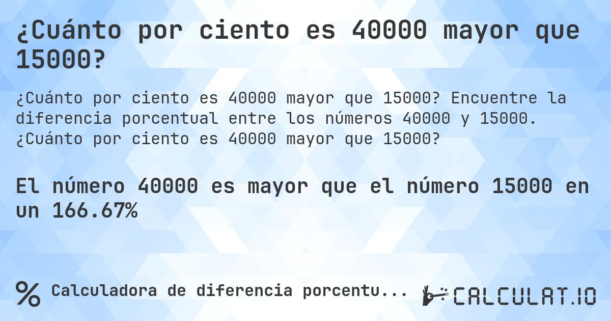 ¿Cuánto por ciento es 40000 mayor que 15000?. Encuentre la diferencia porcentual entre los números 40000 y 15000. ¿Cuánto por ciento es 40000 mayor que 15000?