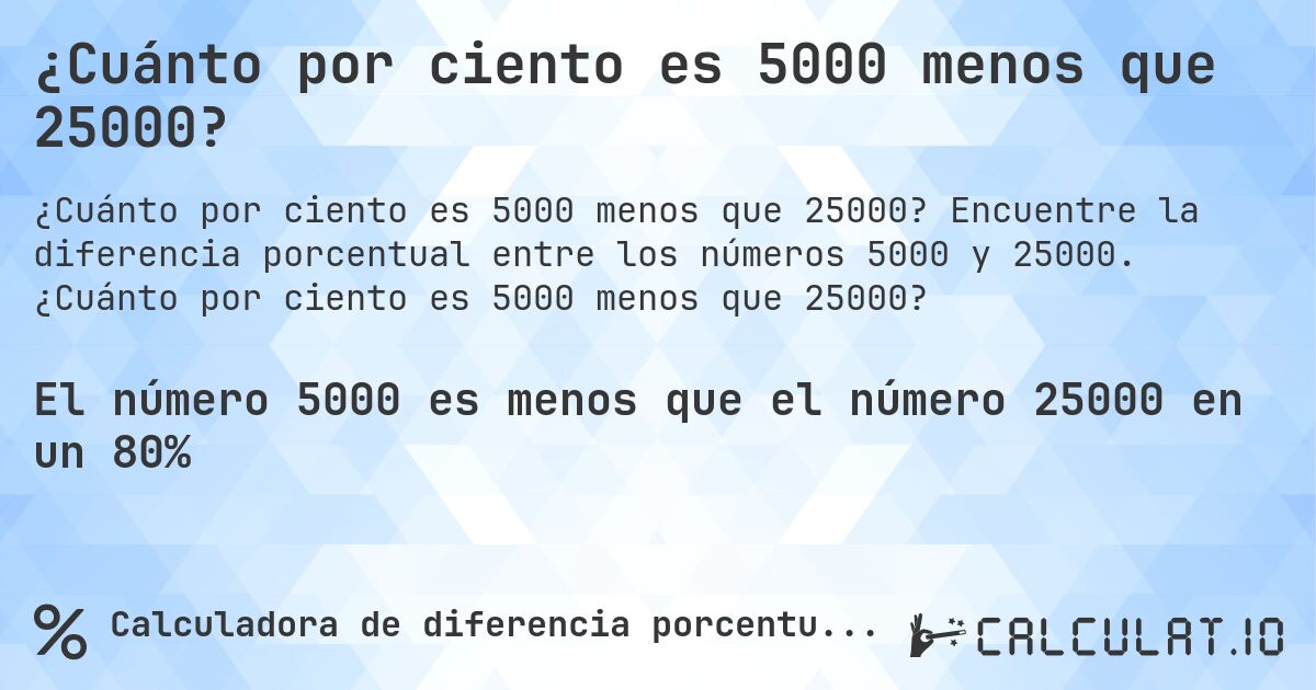 ¿Cuánto por ciento es 5000 menos que 25000?. Encuentre la diferencia porcentual entre los números 5000 y 25000. ¿Cuánto por ciento es 5000 menos que 25000?