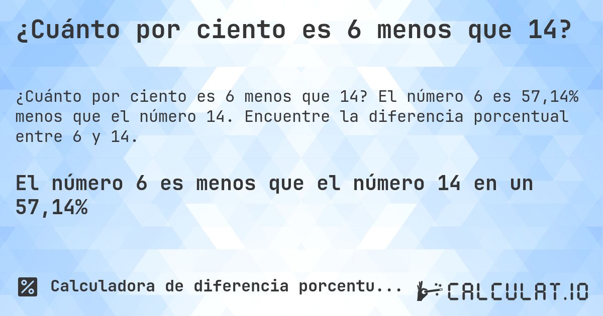 ¿Cuánto por ciento es 6 menos que 14?. El número 6 es 57,14% menos que el número 14. Encuentre la diferencia porcentual entre 6 y 14.