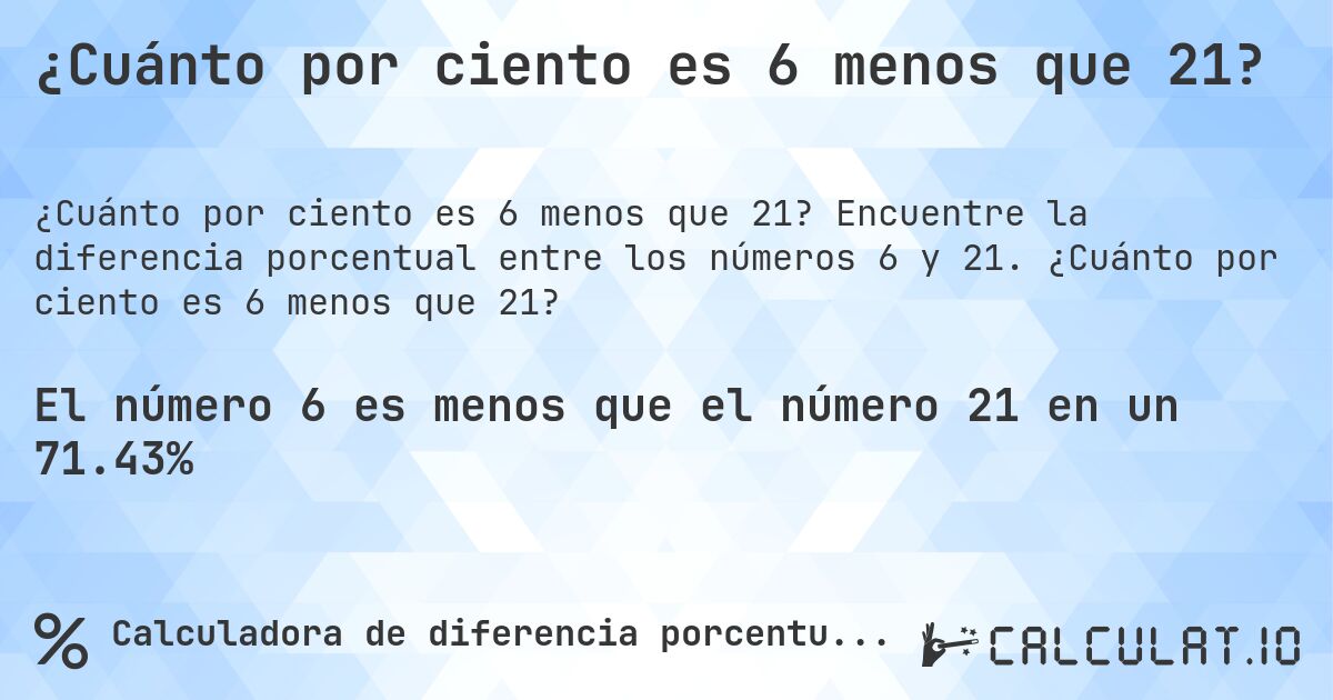 ¿Cuánto por ciento es 6 menos que 21?. Encuentre la diferencia porcentual entre los números 6 y 21. ¿Cuánto por ciento es 6 menos que 21?
