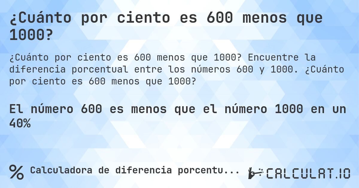 ¿Cuánto por ciento es 600 menos que 1000?. Encuentre la diferencia porcentual entre los números 600 y 1000. ¿Cuánto por ciento es 600 menos que 1000?