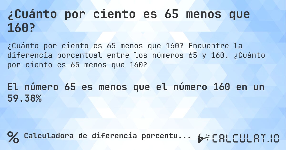 ¿Cuánto por ciento es 65 menos que 160?. Encuentre la diferencia porcentual entre los números 65 y 160. ¿Cuánto por ciento es 65 menos que 160?