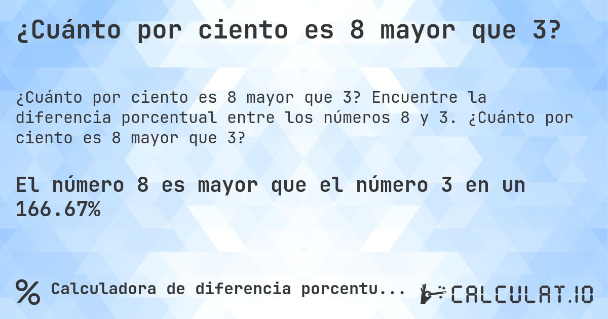 ¿Cuánto por ciento es 8 mayor que 3?. Encuentre la diferencia porcentual entre los números 8 y 3. ¿Cuánto por ciento es 8 mayor que 3?