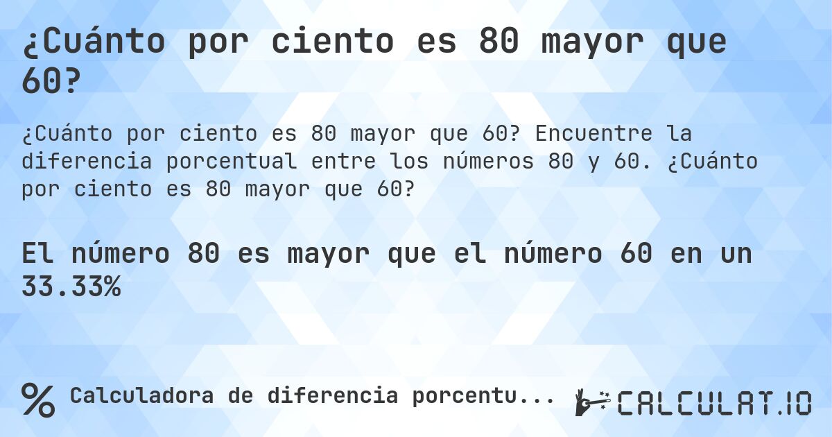 ¿Cuánto por ciento es 80 mayor que 60?. Encuentre la diferencia porcentual entre los números 80 y 60. ¿Cuánto por ciento es 80 mayor que 60?