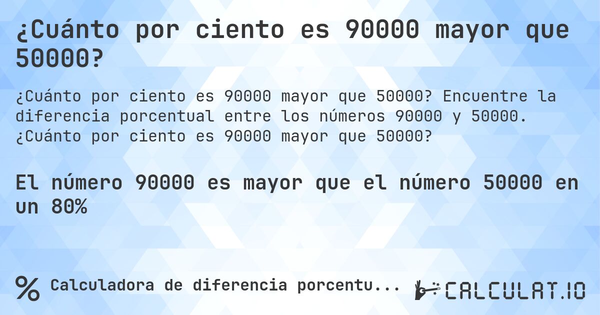 ¿Cuánto por ciento es 90000 mayor que 50000?. Encuentre la diferencia porcentual entre los números 90000 y 50000. ¿Cuánto por ciento es 90000 mayor que 50000?