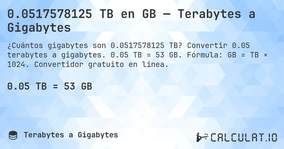 0.0517578125 TB en GB — Terabytes a Gigabytes. Convertir 0.05 terabytes a gigabytes. 0.05 TB = 53 GB. Fórmula: GB = TB × 1024. Convertidor gratuito en línea.