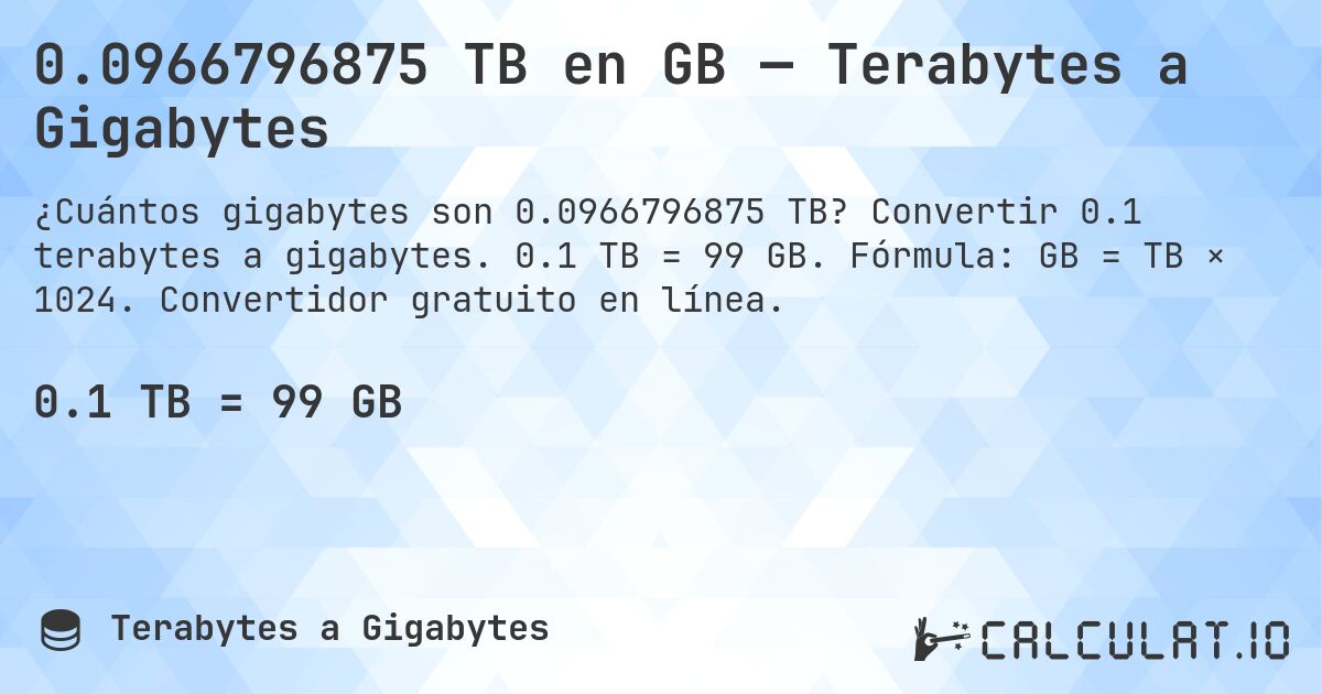 0.0966796875 TB en GB — Terabytes a Gigabytes. Convertir 0.1 terabytes a gigabytes. 0.1 TB = 99 GB. Fórmula: GB = TB × 1024. Convertidor gratuito en línea.