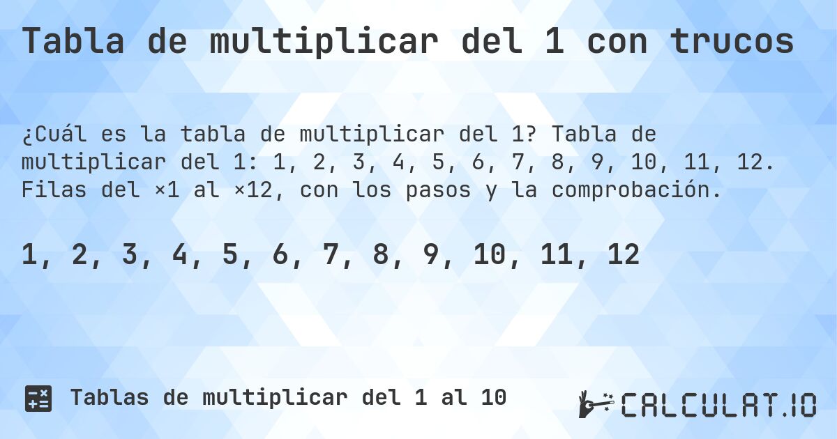 Tabla de multiplicar del 1 con trucos. Tabla de multiplicar del 1: 1, 2, 3, 4, 5, 6, 7, 8, 9, 10, 11, 12. Filas del ×1 al ×12, con los pasos y la comprobación.