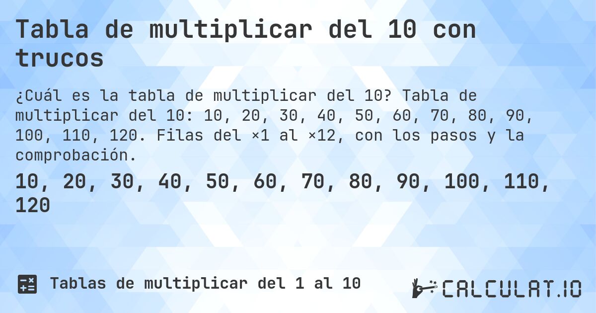Tabla de multiplicar del 10 con trucos. Tabla de multiplicar del 10: 10, 20, 30, 40, 50, 60, 70, 80, 90, 100, 110, 120. Filas del ×1 al ×12, con los pasos y la comprobación.