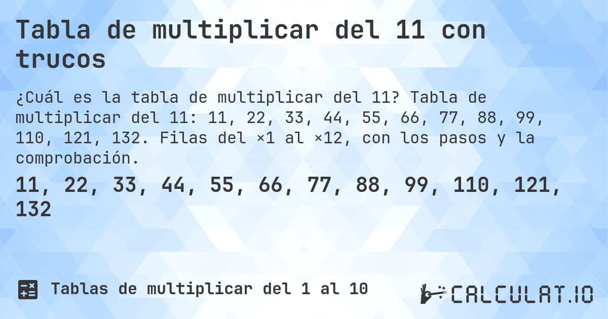 Tabla de multiplicar del 11 con trucos. Tabla de multiplicar del 11: 11, 22, 33, 44, 55, 66, 77, 88, 99, 110, 121, 132. Filas del ×1 al ×12, con los pasos y la comprobación.