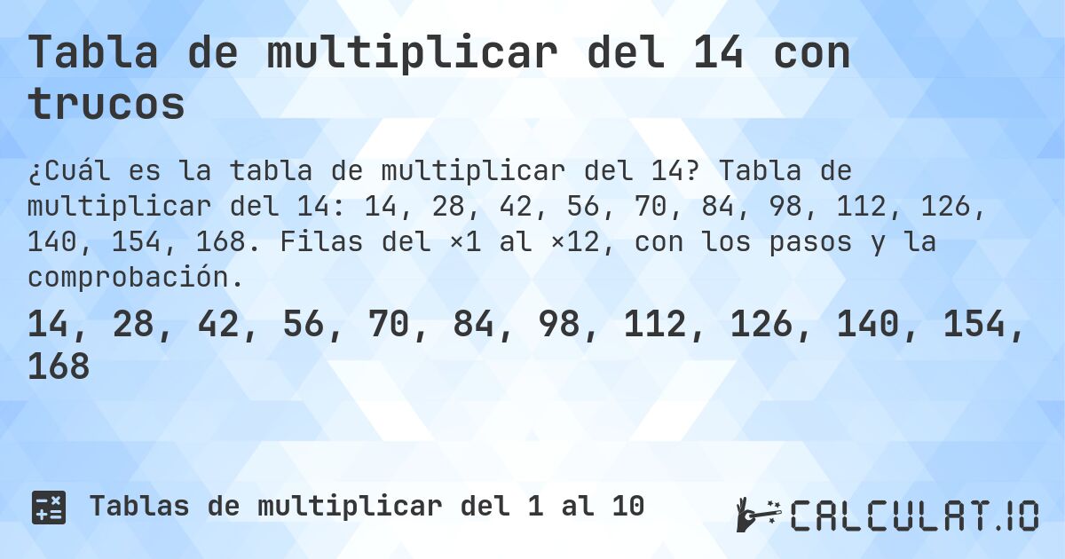 Tabla de multiplicar del 14 con trucos. Tabla de multiplicar del 14: 14, 28, 42, 56, 70, 84, 98, 112, 126, 140, 154, 168. Filas del ×1 al ×12, con los pasos y la comprobación.