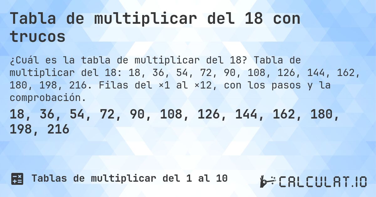 Tabla de multiplicar del 18 con trucos. Tabla de multiplicar del 18: 18, 36, 54, 72, 90, 108, 126, 144, 162, 180, 198, 216. Filas del ×1 al ×12, con los pasos y la comprobación.