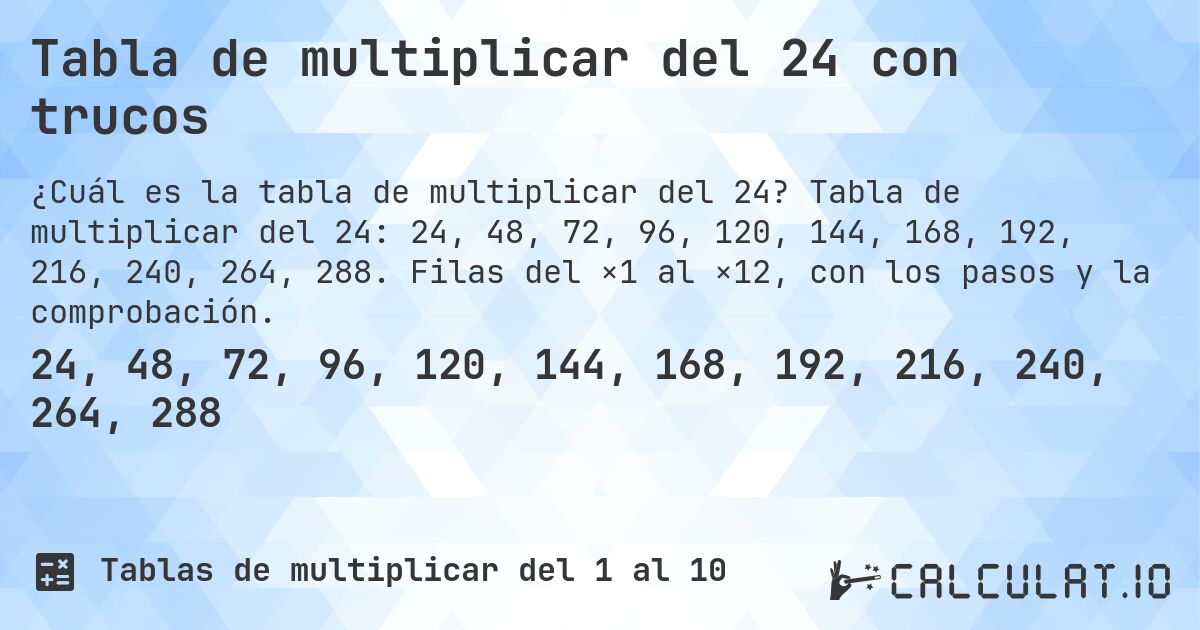 Tabla de multiplicar del 24 con trucos. Tabla de multiplicar del 24: 24, 48, 72, 96, 120, 144, 168, 192, 216, 240, 264, 288. Filas del ×1 al ×12, con los pasos y la comprobación.