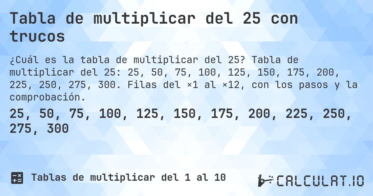 Tabla de multiplicar del 25 con trucos. Tabla de multiplicar del 25: 25, 50, 75, 100, 125, 150, 175, 200, 225, 250, 275, 300. Filas del ×1 al ×12, con los pasos y la comprobación.
