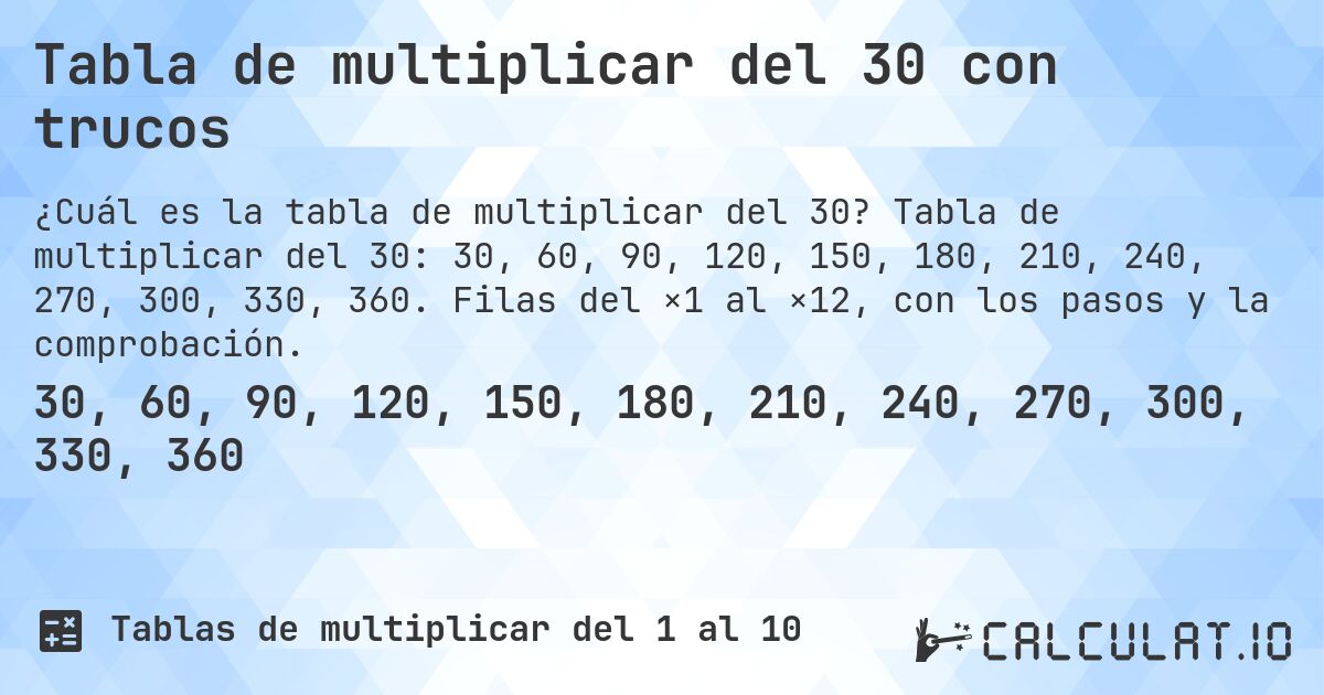 Tabla de multiplicar del 30 con trucos. Tabla de multiplicar del 30: 30, 60, 90, 120, 150, 180, 210, 240, 270, 300, 330, 360. Filas del ×1 al ×12, con los pasos y la comprobación.