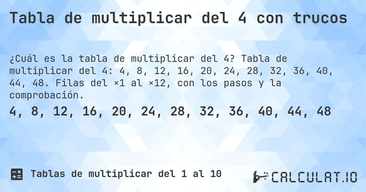 Tabla de multiplicar del 4 con trucos. Tabla de multiplicar del 4: 4, 8, 12, 16, 20, 24, 28, 32, 36, 40, 44, 48. Filas del ×1 al ×12, con los pasos y la comprobación.