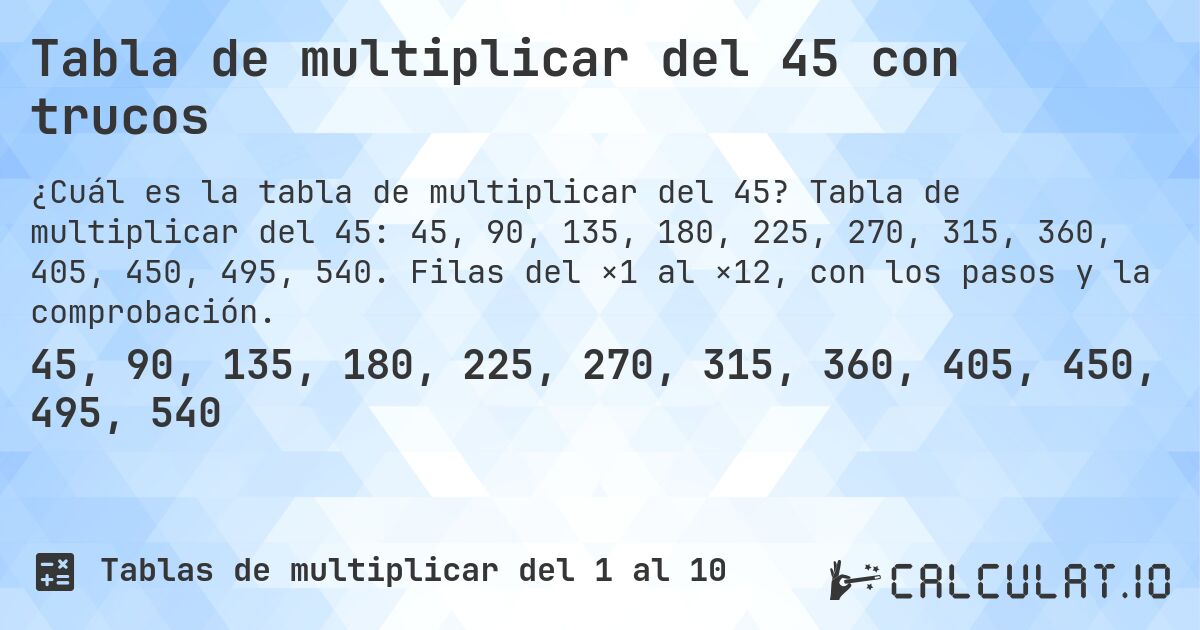 Tabla de multiplicar del 45 con trucos. Tabla de multiplicar del 45: 45, 90, 135, 180, 225, 270, 315, 360, 405, 450, 495, 540. Filas del ×1 al ×12, con los pasos y la comprobación.