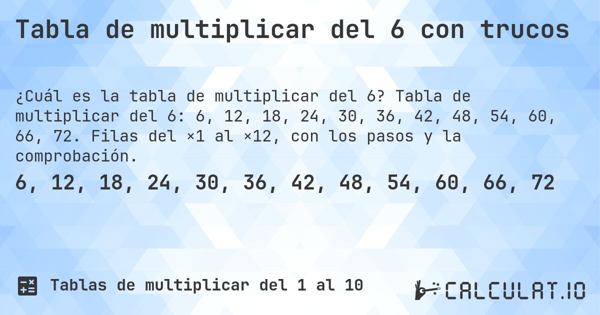 Tabla de multiplicar del 6 con trucos. Tabla de multiplicar del 6: 6, 12, 18, 24, 30, 36, 42, 48, 54, 60, 66, 72. Filas del ×1 al ×12, con los pasos y la comprobación.
