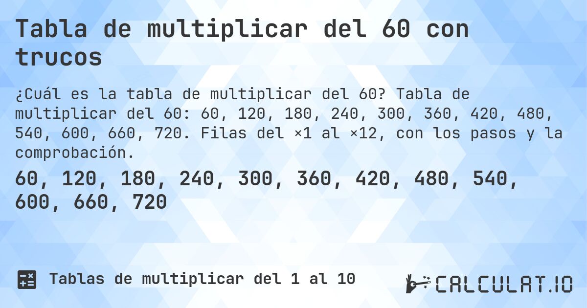 Tabla de multiplicar del 60 con trucos. Tabla de multiplicar del 60: 60, 120, 180, 240, 300, 360, 420, 480, 540, 600, 660, 720. Filas del ×1 al ×12, con los pasos y la comprobación.