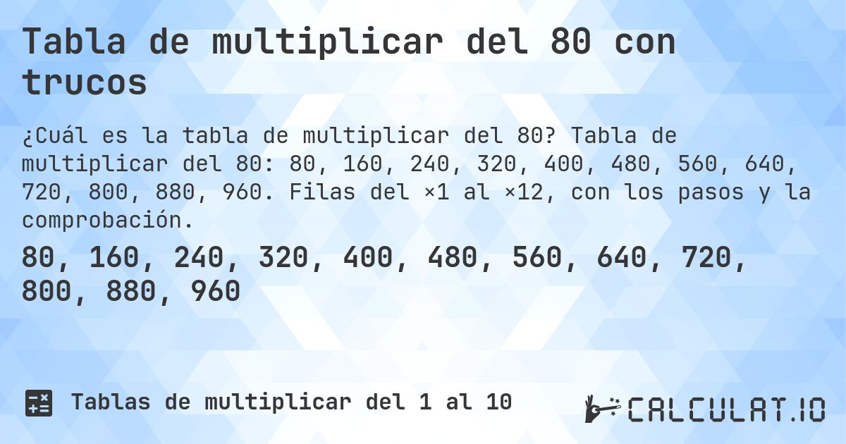 Tabla de multiplicar del 80 con trucos. Tabla de multiplicar del 80: 80, 160, 240, 320, 400, 480, 560, 640, 720, 800, 880, 960. Filas del ×1 al ×12, con los pasos y la comprobación.