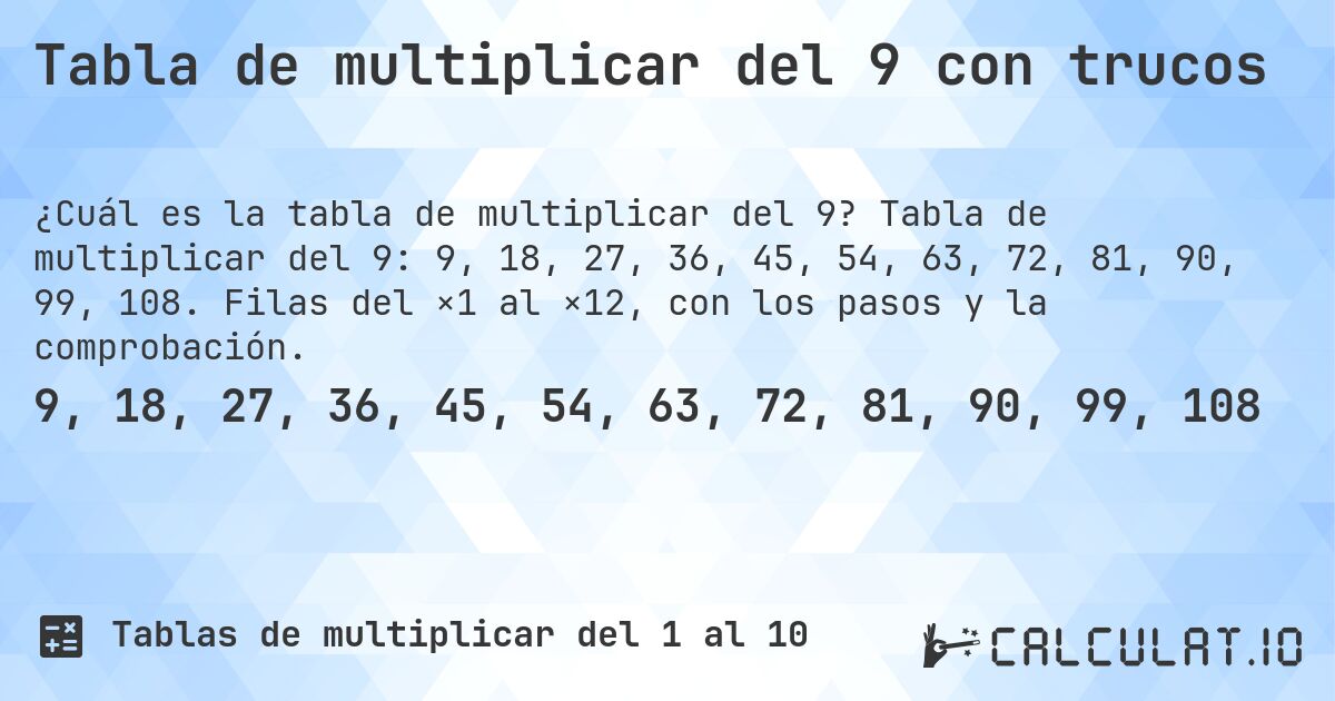 Tabla de multiplicar del 9 con trucos. Tabla de multiplicar del 9: 9, 18, 27, 36, 45, 54, 63, 72, 81, 90, 99, 108. Filas del ×1 al ×12, con los pasos y la comprobación.