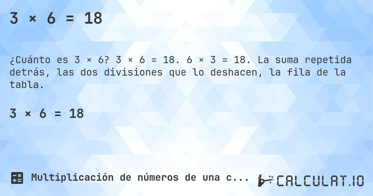 3 × 6 = 18. 3 × 6 = 18. 6 × 3 = 18. La suma repetida detrás, las dos divisiones que lo deshacen, la fila de la tabla.