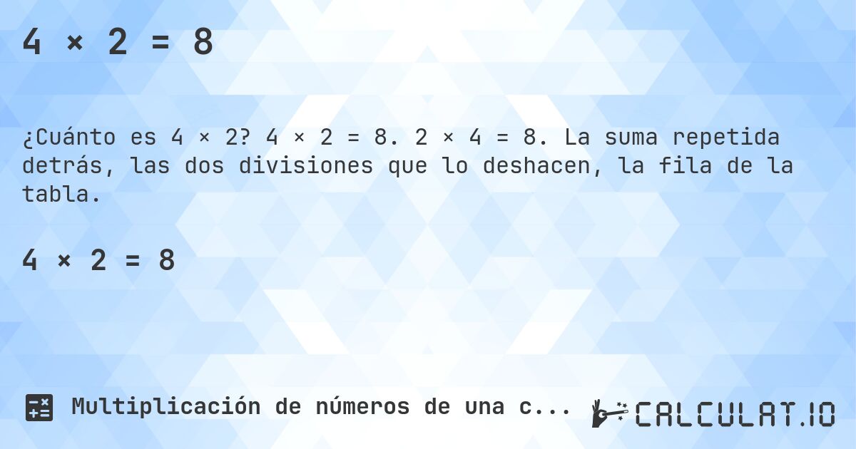 4 × 2 = 8. 4 × 2 = 8. 2 × 4 = 8. La suma repetida detrás, las dos divisiones que lo deshacen, la fila de la tabla.