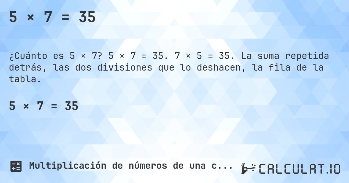 5 × 7 = 35. 5 × 7 = 35. 7 × 5 = 35. La suma repetida detrás, las dos divisiones que lo deshacen, la fila de la tabla.