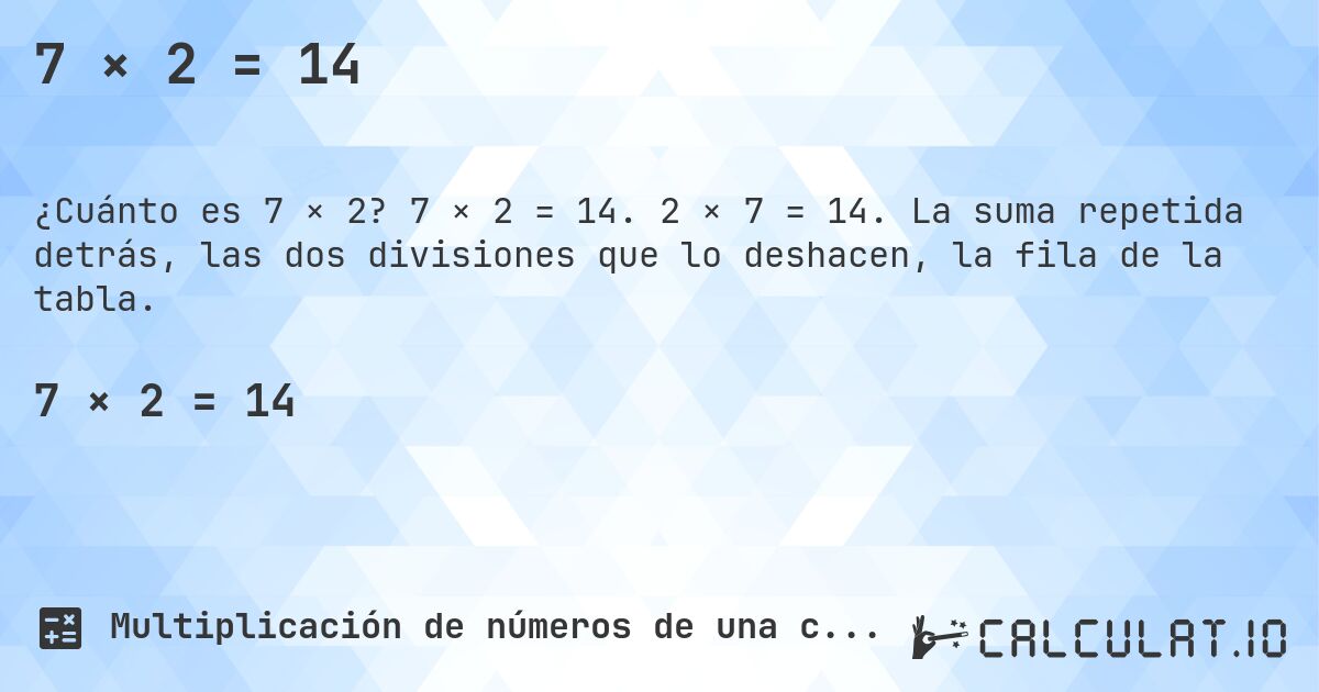 7 × 2 = 14. 7 × 2 = 14. 2 × 7 = 14. La suma repetida detrás, las dos divisiones que lo deshacen, la fila de la tabla.