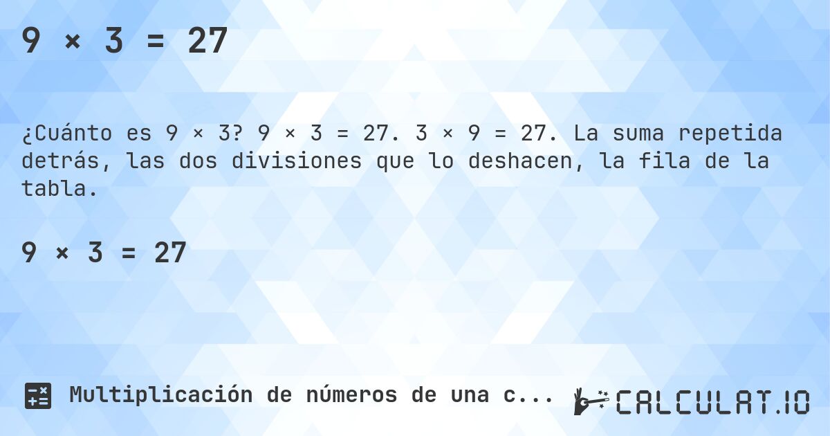 9 × 3 = 27. 9 × 3 = 27. 3 × 9 = 27. La suma repetida detrás, las dos divisiones que lo deshacen, la fila de la tabla.