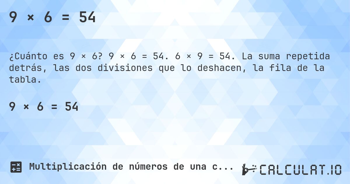 9 × 6 = 54. 9 × 6 = 54. 6 × 9 = 54. La suma repetida detrás, las dos divisiones que lo deshacen, la fila de la tabla.
