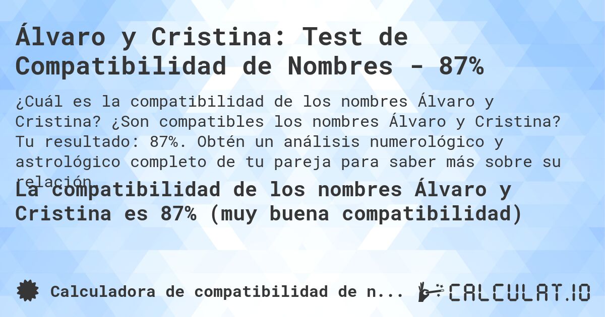 Álvaro y Cristina: Test de Compatibilidad de Nombres - 87%. ¿Son compatibles los nombres Álvaro y Cristina? Tu resultado: 87%. Obtén un análisis numerológico y astrológico completo de tu pareja para saber más sobre su relación.