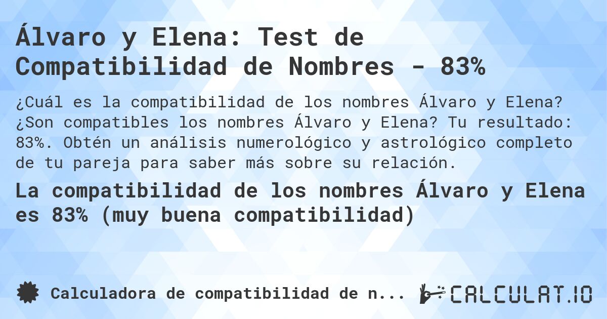 Álvaro y Elena: Test de Compatibilidad de Nombres - 83%. ¿Son compatibles los nombres Álvaro y Elena? Tu resultado: 83%. Obtén un análisis numerológico y astrológico completo de tu pareja para saber más sobre su relación.
