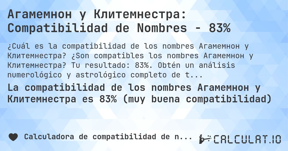 Агамемнон y Клитемнестра: Compatibilidad de Nombres - 83%. ¿Son compatibles los nombres Агамемнон y Клитемнестра? Tu resultado: 83%. Obtén un análisis numerológico y astrológico completo de tu pareja.