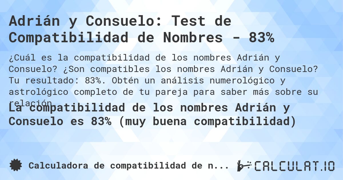 Adrián y Consuelo: Test de Compatibilidad de Nombres - 83%. ¿Son compatibles los nombres Adrián y Consuelo? Tu resultado: 83%. Obtén un análisis numerológico y astrológico completo de tu pareja para saber más sobre su relación.