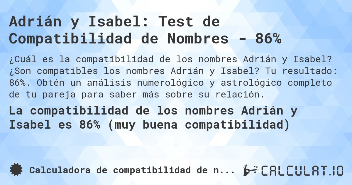 Adrián y Isabel: Test de Compatibilidad de Nombres - 86%. ¿Son compatibles los nombres Adrián y Isabel? Tu resultado: 86%. Obtén un análisis numerológico y astrológico completo de tu pareja para saber más sobre su relación.