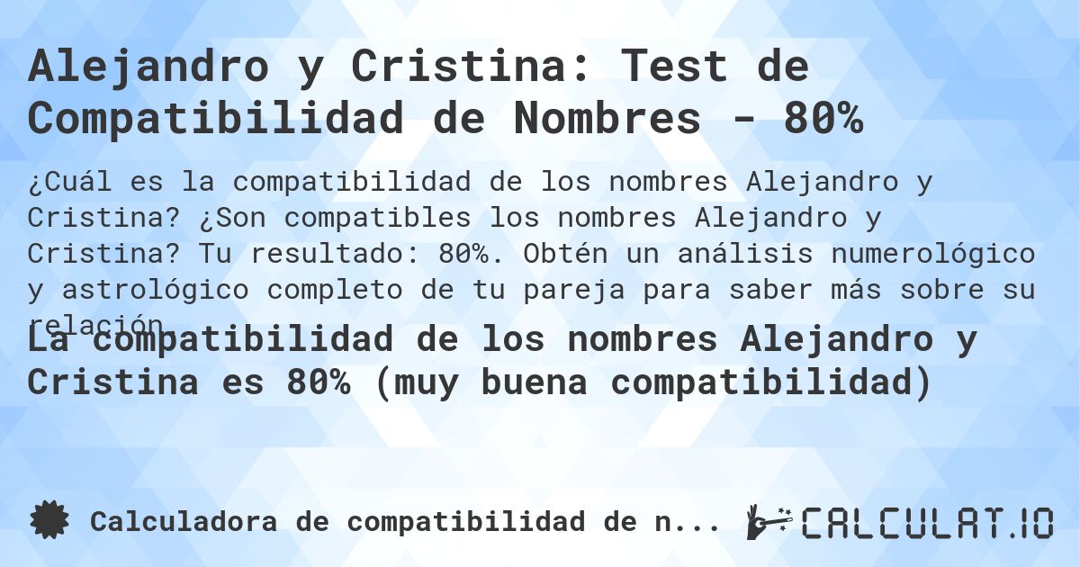 Alejandro y Cristina: Test de Compatibilidad de Nombres - 80%. ¿Son compatibles los nombres Alejandro y Cristina? Tu resultado: 80%. Obtén un análisis numerológico y astrológico completo de tu pareja para saber más sobre su relación.