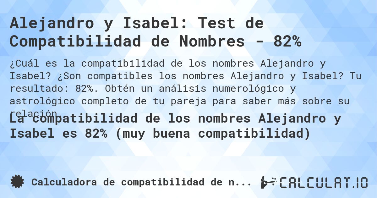 Alejandro y Isabel: Test de Compatibilidad de Nombres - 82%. ¿Son compatibles los nombres Alejandro y Isabel? Tu resultado: 82%. Obtén un análisis numerológico y astrológico completo de tu pareja para saber más sobre su relación.