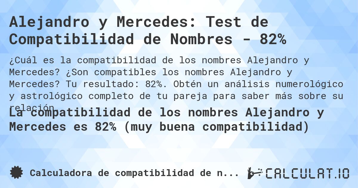 Alejandro y Mercedes: Test de Compatibilidad de Nombres - 82%. ¿Son compatibles los nombres Alejandro y Mercedes? Tu resultado: 82%. Obtén un análisis numerológico y astrológico completo de tu pareja para saber más sobre su relación.