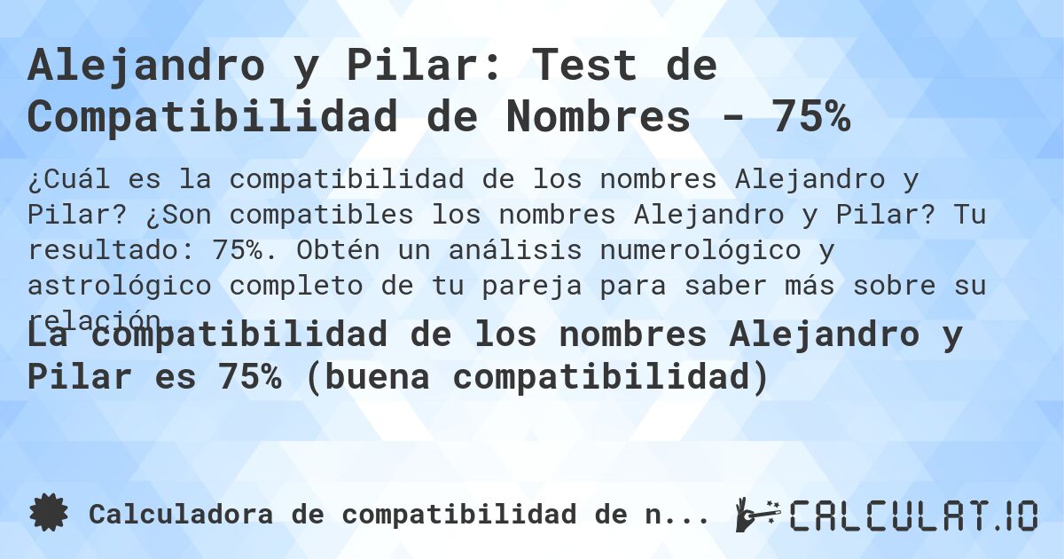 Alejandro y Pilar: Test de Compatibilidad de Nombres - 75%. ¿Son compatibles los nombres Alejandro y Pilar? Tu resultado: 75%. Obtén un análisis numerológico y astrológico completo de tu pareja para saber más sobre su relación.