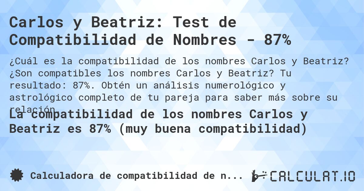 Carlos y Beatriz: Test de Compatibilidad de Nombres - 87%. ¿Son compatibles los nombres Carlos y Beatriz? Tu resultado: 87%. Obtén un análisis numerológico y astrológico completo de tu pareja para saber más sobre su relación.