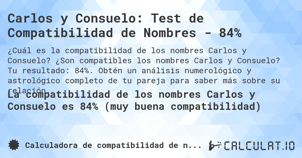 Carlos y Consuelo: Test de Compatibilidad de Nombres - 84%. ¿Son compatibles los nombres Carlos y Consuelo? Tu resultado: 84%. Obtén un análisis numerológico y astrológico completo de tu pareja para saber más sobre su relación.