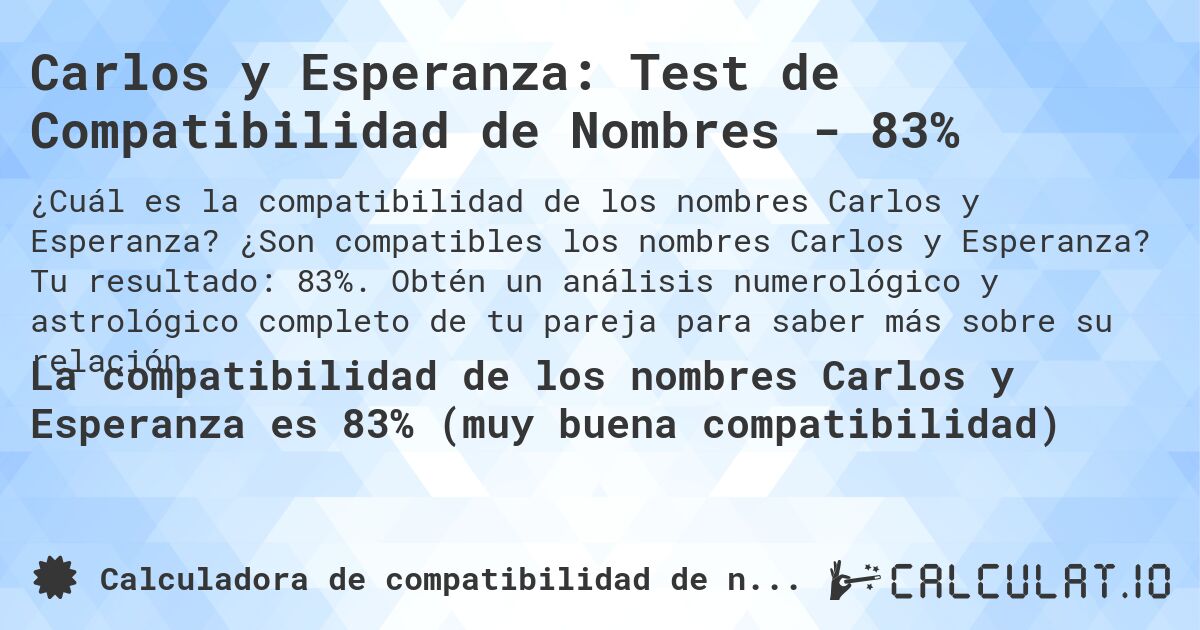 Carlos y Esperanza: Test de Compatibilidad de Nombres - 83%. ¿Son compatibles los nombres Carlos y Esperanza? Tu resultado: 83%. Obtén un análisis numerológico y astrológico completo de tu pareja para saber más sobre su relación.