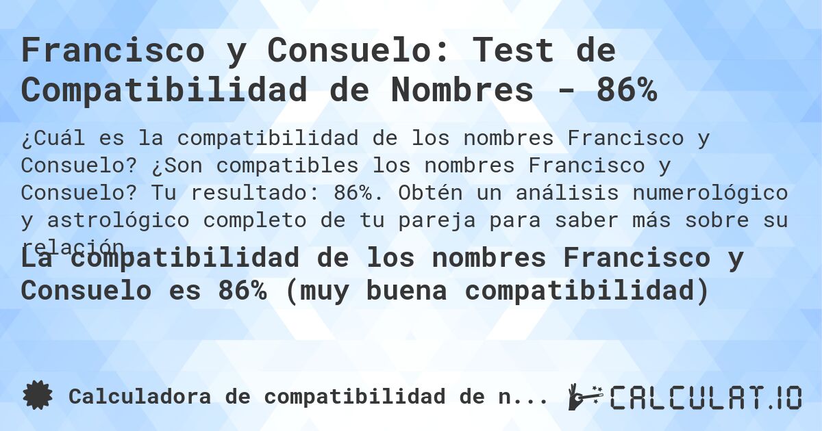 Francisco y Consuelo: Test de Compatibilidad de Nombres - 86%. ¿Son compatibles los nombres Francisco y Consuelo? Tu resultado: 86%. Obtén un análisis numerológico y astrológico completo de tu pareja para saber más sobre su relación.