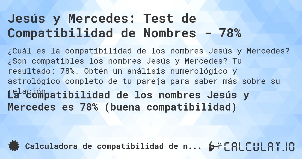 Jesús y Mercedes: Test de Compatibilidad de Nombres - 78%. ¿Son compatibles los nombres Jesús y Mercedes? Tu resultado: 78%. Obtén un análisis numerológico y astrológico completo de tu pareja para saber más sobre su relación.