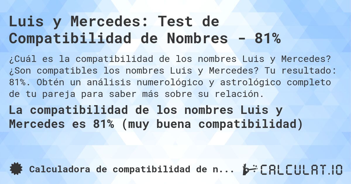 Luis y Mercedes: Test de Compatibilidad de Nombres - 81%. ¿Son compatibles los nombres Luis y Mercedes? Tu resultado: 81%. Obtén un análisis numerológico y astrológico completo de tu pareja para saber más sobre su relación.