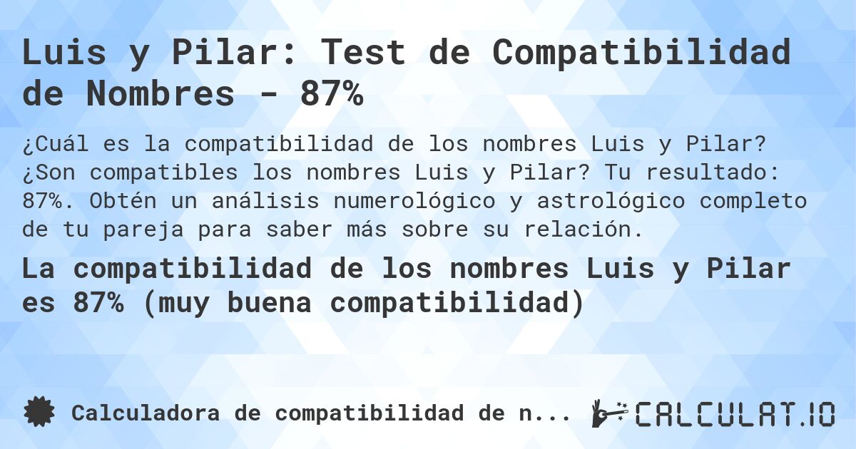 Luis y Pilar: Test de Compatibilidad de Nombres - 87%. ¿Son compatibles los nombres Luis y Pilar? Tu resultado: 87%. Obtén un análisis numerológico y astrológico completo de tu pareja para saber más sobre su relación.