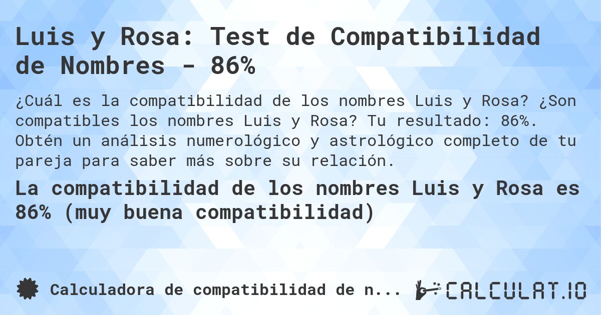Luis y Rosa: Test de Compatibilidad de Nombres - 86%. ¿Son compatibles los nombres Luis y Rosa? Tu resultado: 86%. Obtén un análisis numerológico y astrológico completo de tu pareja para saber más sobre su relación.