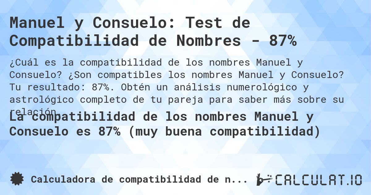 Manuel y Consuelo: Test de Compatibilidad de Nombres - 87%. ¿Son compatibles los nombres Manuel y Consuelo? Tu resultado: 87%. Obtén un análisis numerológico y astrológico completo de tu pareja para saber más sobre su relación.