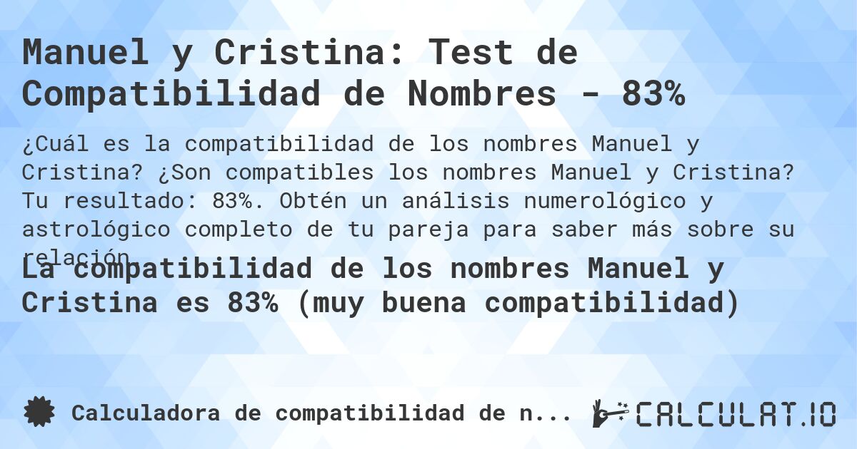 Manuel y Cristina: Test de Compatibilidad de Nombres - 83%. ¿Son compatibles los nombres Manuel y Cristina? Tu resultado: 83%. Obtén un análisis numerológico y astrológico completo de tu pareja para saber más sobre su relación.